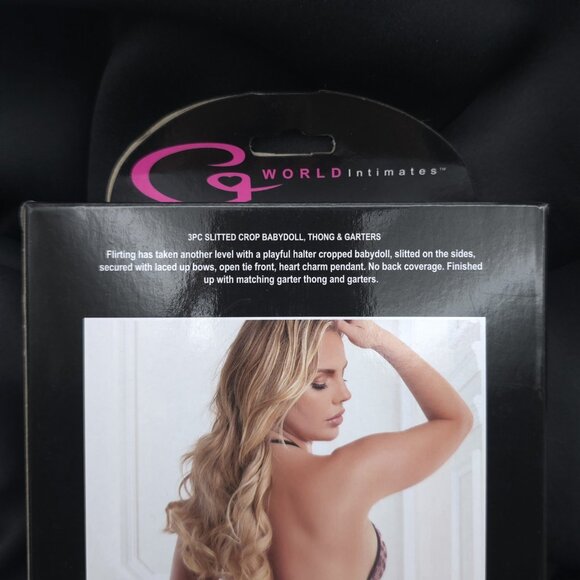 Leopard Lace Babydoll Lingerie Set 3pc Slitted Crop Thong & Garters One Size - Picture 5 of 7